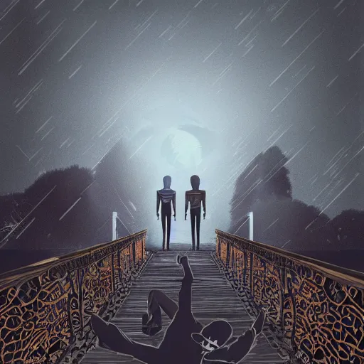 Prompt: two young men, one man human, one man vampire, night, on a bridge,, detailed, intricate, aesthetic, artistic, 8 k resolution in the style of one piece