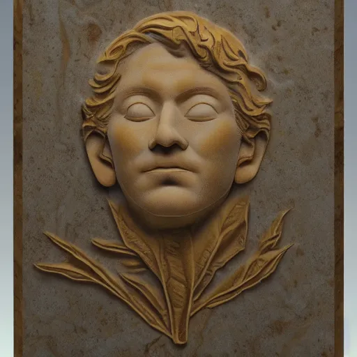 Image similar to tru marmi gold marble relief carving of the man made of tree leaves dlsr, octane render, 8 k, cinematic lighting