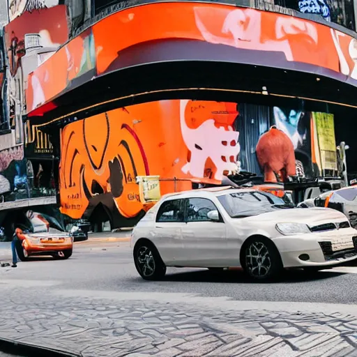 Image similar to an orange elephant on a skateboard in times square at sunset