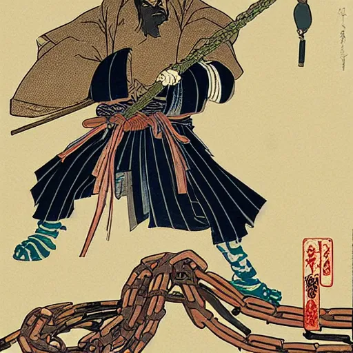 Image similar to by hokusai, samurai man vagabond, the samurai holds a pair of chains, detailed, matte print, concept art, ink style, sketch, digital 2 d