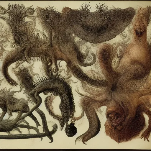 Image similar to bestiary of creatures from the depths of the unconscious psyche