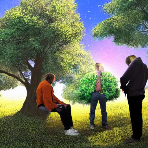 Prompt: three cartographers resting under a massive tree, talking, vivid colors, digital illustration, sharp focus, highly detailed, studio quality