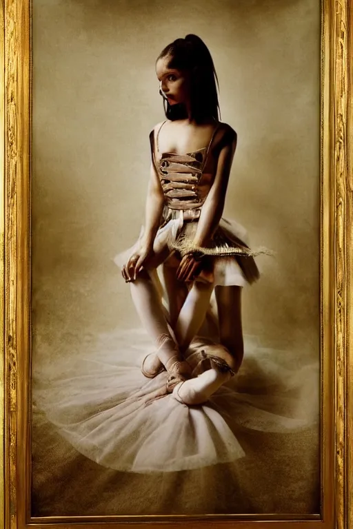 Image similar to hyperrealism fashion portrait girl in a ballet dress and army boots sits on a silk fabric by Roversi photo from The Holy Mountain by Alejandro Jodorowsky in style of Francisco Goya