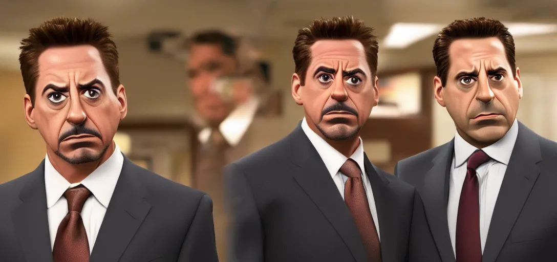 Prompt: a very high resolution image of tony stark with micheal scott. from an episode of the office. photorealistic, photography