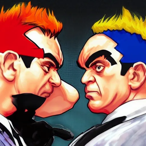 Image similar to rowan atkinson fist fighting hugh laurie as street fighter characters, street fighter game style, high detail