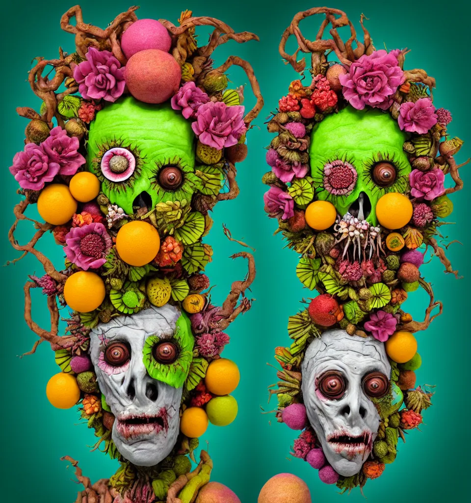 Prompt: headshot of a trickster nature zombie, head made of fruit and flowers in the style of arcimboldo, fragonard, covered with tendrils and 3 d blocks of text, digital illustration, dynamic lighting, action figure, clay sculpture, claymation, turquoise pink and green, botanical rainbow backdrop