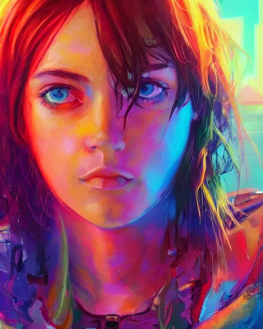 Image similar to colorful portrait of a brunette hippie, but set in the future 2 1 5 0 | highly detailed | very intricate | symmetrical | professional model | cinematic lighting | award - winning | painted by mandy jurgens | pan futurism, dystopian, bold psychedelic colors, cyberpunk, anime aesthestic | featured on artstation