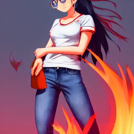 Image similar to nagatoro using white and red tight raglan sleeves, tight blue jeans and cool shoes in a tropical forest, fire hair in flames, artstation, 3 d ray tracing, octane render