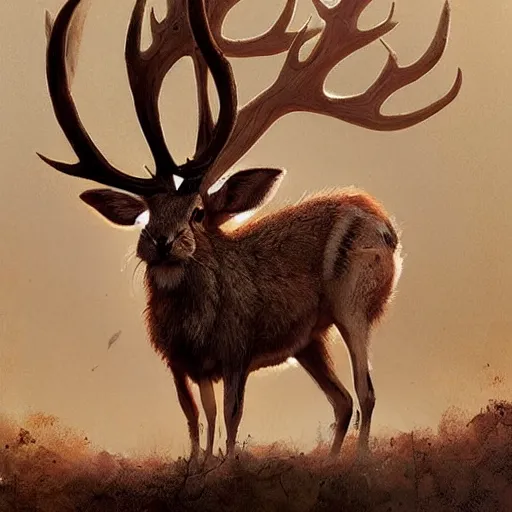 Prompt: a jackalope, jackrabbit with the antlers of a deer bigger than a building. Menacing. Soulless eyes. By Greg Rutkowski. By Marc Simonetti. C. M. Kosemen.