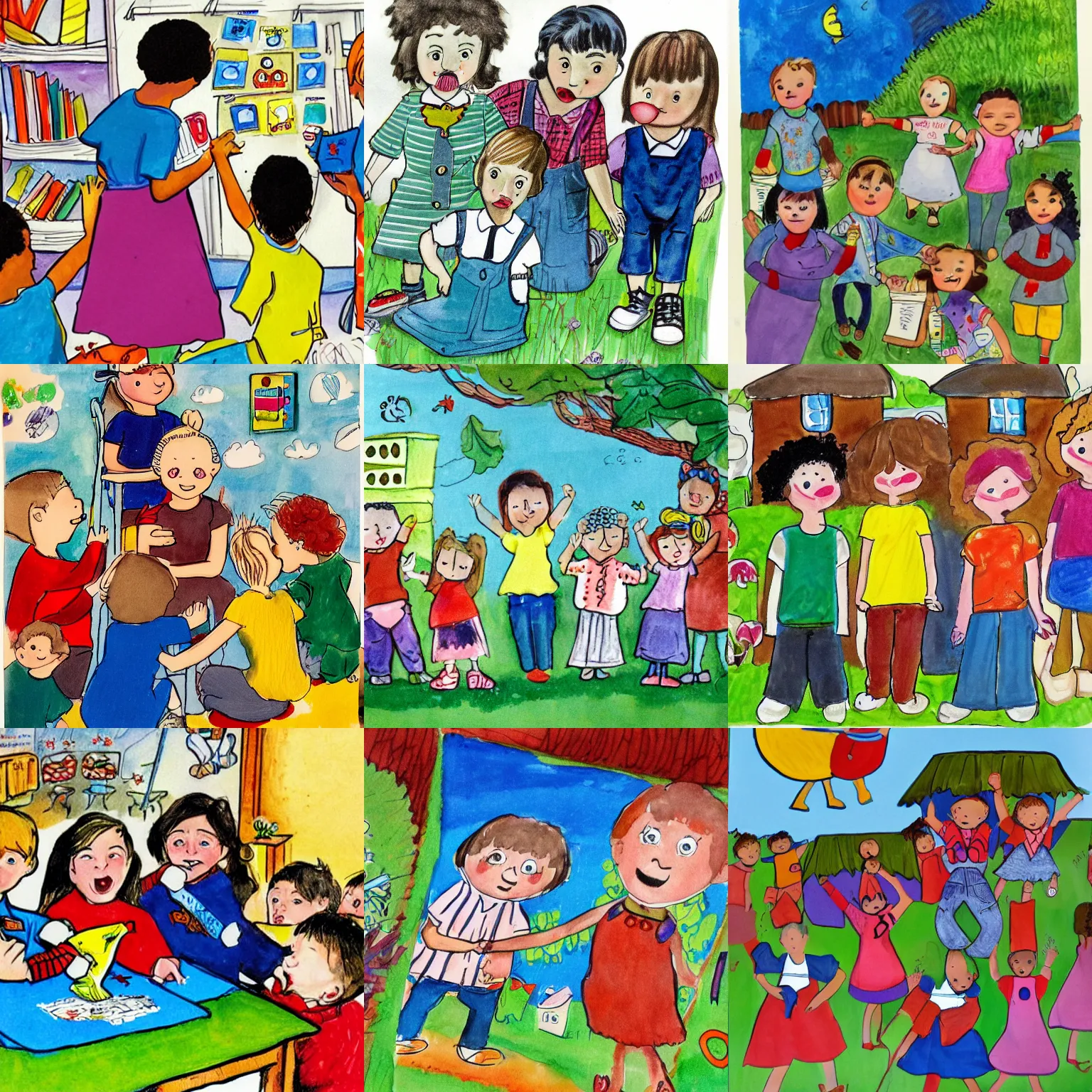 Prompt: The children at Kaycare were always up to something exciting , Childrens Illustration, in the style of Dorothy Brook