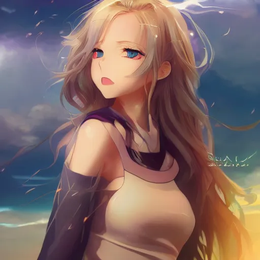 Image similar to a very beautiful anime cute girl, full body, long wavy blond hair, sky blue eyes, full round face, short smile, fancy top, miniskirt, front view, summer lake setting, cinematic lightning, medium shot, mid-shot, highly detailed, cinematic wallpaper by Stanley Artgerm Lau