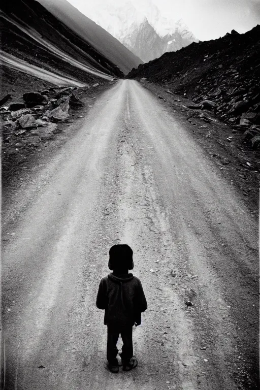 Image similar to photo polaroid of a sad and lonely child in the middle of a mountain road , Nepal,Himalayas, loneliness,,tahr , black and white ,photorealistic, 35mm film,