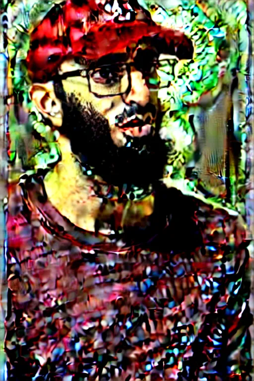 Prompt: hyperrealist portrait of a young ducktail bearded middle eastern american man wearing wayfarer glasses and red baseball cap giving a speech. the room is filled with computer monitors and network cables. by jeremy mann and alphonse mucha, fantasy art, photo realistic, dynamic lighting, artstation, poster, volumetric lighting, very detailed faces, 8 k, award winning