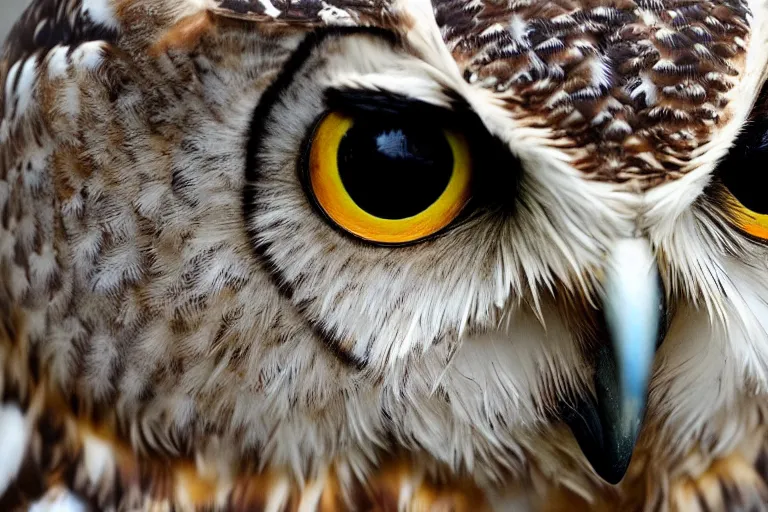 Image similar to scenic photo of an owl eating a carrot. focus on the owl's beak and eye. intricate eye. extremely large wings. extreme detail, hyperrealistic photo