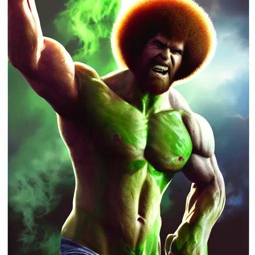 Image similar to photomanipulation of BOB ROSS as hulk with human flesh, marvel, fully detailed, volumetric lightening, octane render