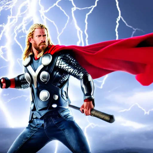 Prompt: Thor with his hammer in epic pose shooting lightning bolts. 8k photorealistic
