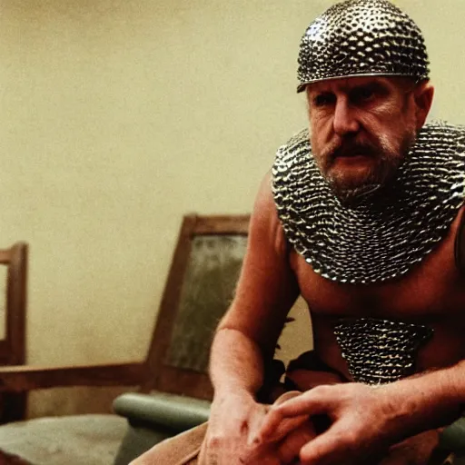 Image similar to a man wearing full chainmail, sitting in waitin room, film still