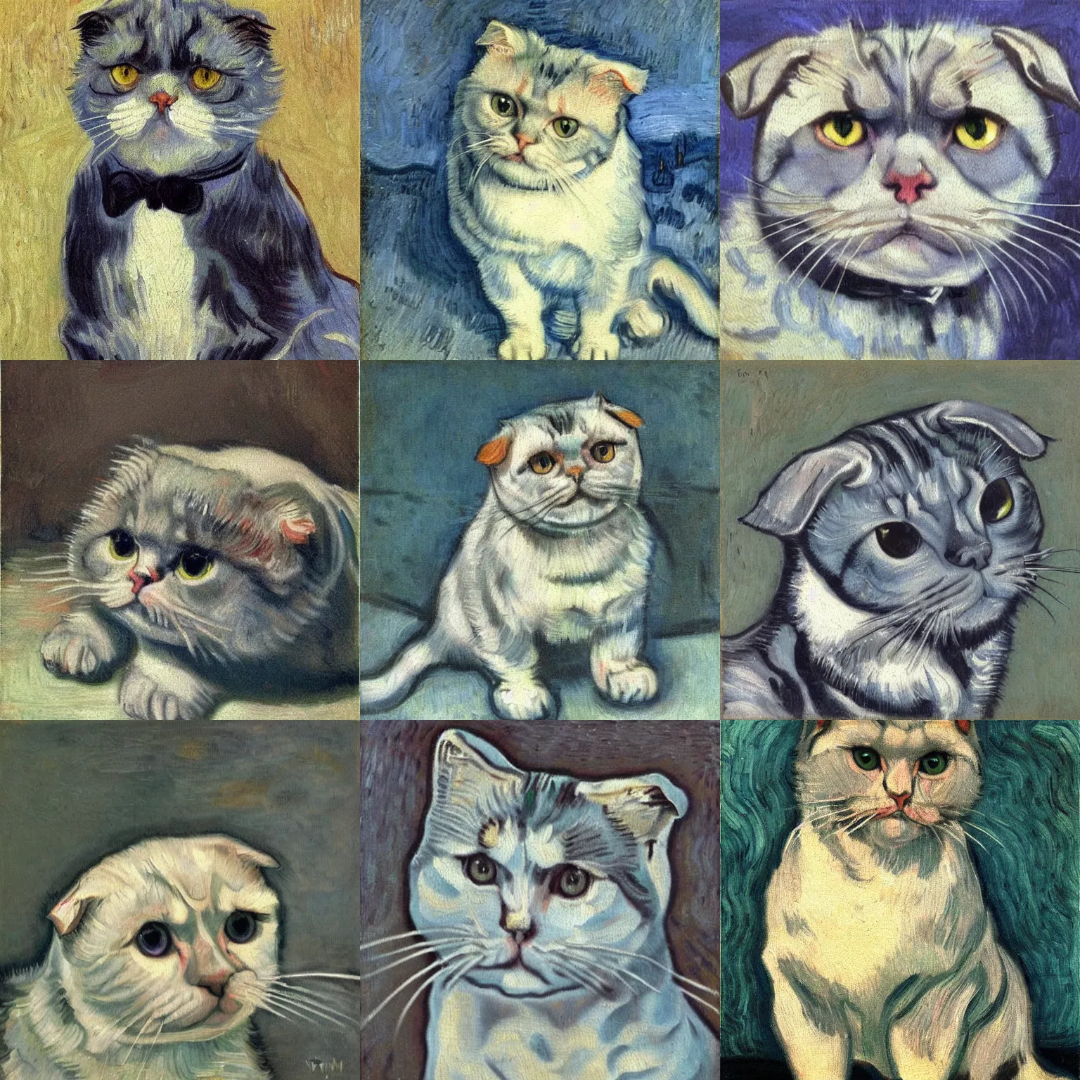 Prompt: scottish fold, grey fur, expressive oil painting, by Vincent van Gogh