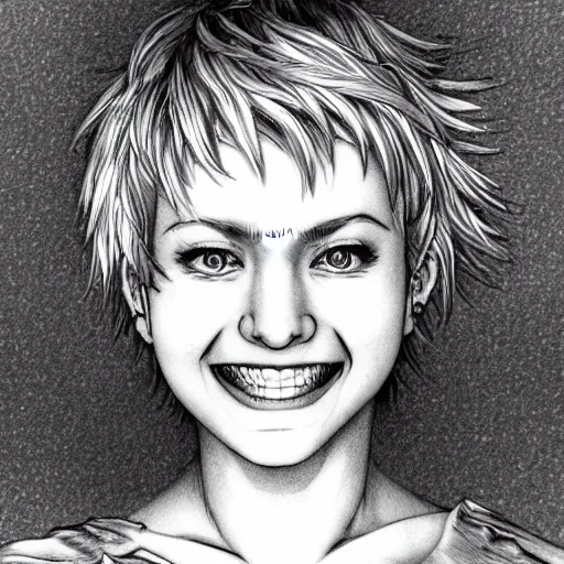 Prompt: portrait of a smiling smiling smiling woman with short white hair, 1 2 3 4, medium shot, illustration, highly detailed, high quality, by kentaro miura