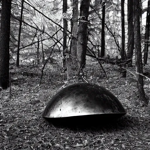 Prompt: a crashed ufo in the forest, black and white photo