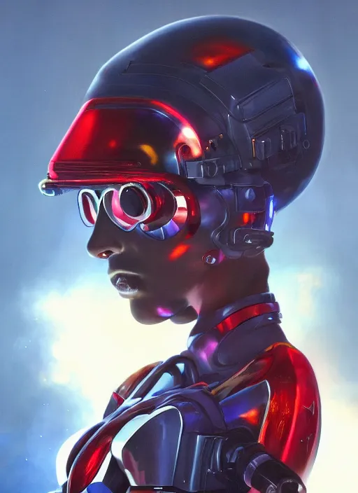 Prompt: symmetry!!! closeup portrait of a cyborg vape girl, fashion mechanic jumpsuit with shiny shoulder pads, cinematic light, windy, red blue, volumetric smoke, mist, by gerald brom, by mikhail vrubel, by peter elson, muted colors, extreme detail, trending on artstation, 8 k