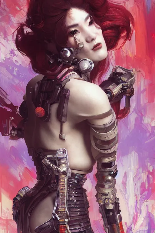 Image similar to > professional dynamtic portrait of female an agile geisha cyberpunk in a dynamic pose , armor elements , long red hair, beautiful bone structure, symmetrical facial features, intricate, elegant, digital painting, concept art, smooth, sharp focus, illustration, by Ruan Jia and Mandy Jurgens , and mucha, and Artgerm and William-Adolphe Bouguerea