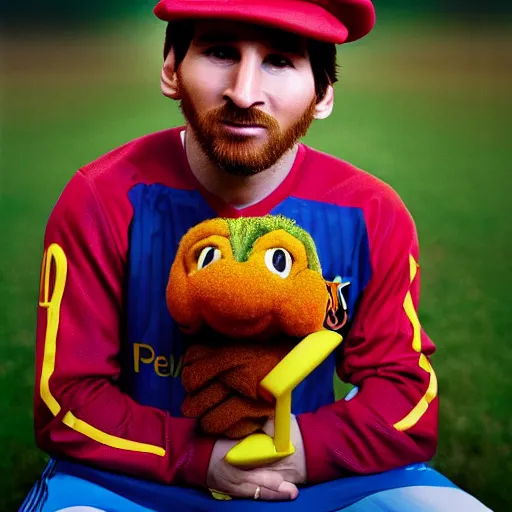 Image similar to closeup portrait of Lionel Messi dressed as toad, Nintendo, by Steve McCurry and David Lazar, natural light, detailed face, CANON Eos C300, ƒ1.8, 35mm, 8K, medium-format print