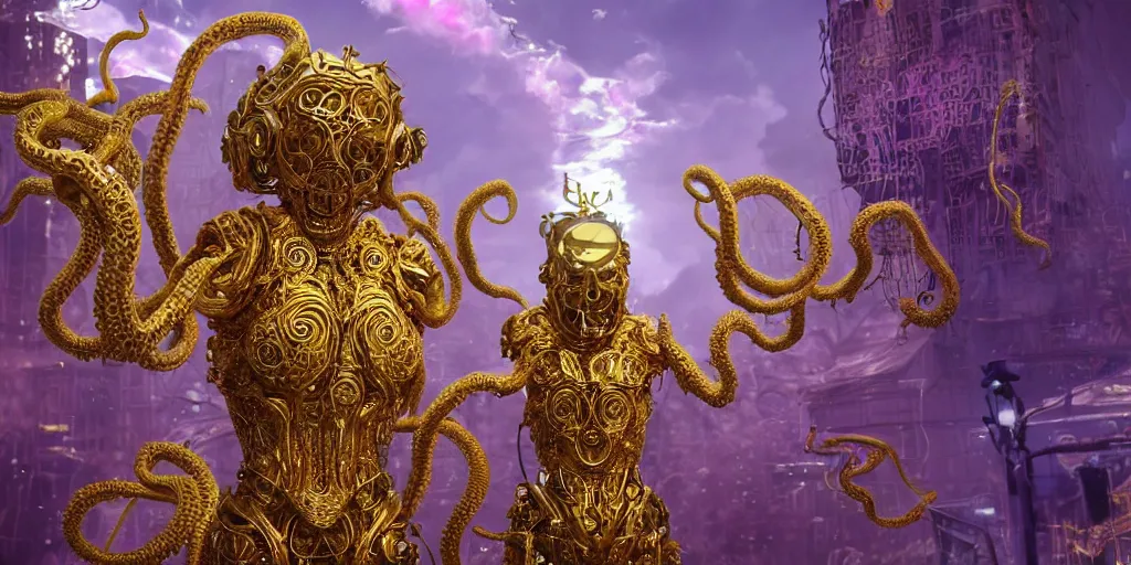 Image similar to a photo of 8 k ultra realistic corrupted lovecraftian golden humanoid queen standing next to a pink and blue solarpunk city, 8 intricate white and gold tentacles, ornate white and gold armour, cinematic lighting, trending on artstation, 4 k, hyperrealistic, focused, extreme details, unreal engine 5, cinematic, masterpiece