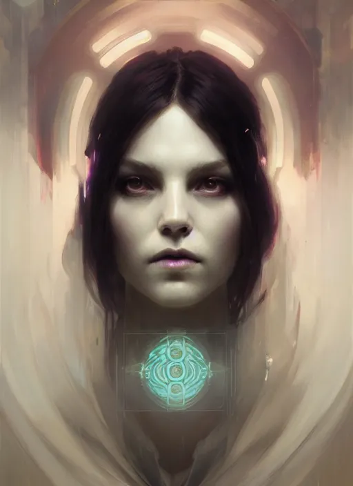 Prompt: symmetry!! portrait of a beautiful necromancer princess, sci - fi, glowing lights!! intricate, elegant, highly detailed, digital painting, artstation, concept art, smooth, sharp focus, illustration, ethereal, ominous, misty, by ruan jia and jeremy mann and alphonse mucha, 8 k