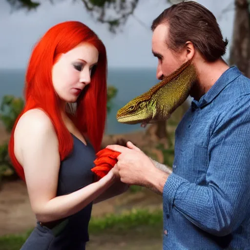 Prompt: a man gently slapping a woman in the face with a lizard. The man has a dark well groomed beard, the woman is attractive with straight red orange hair in the face with a lizard