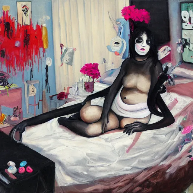 Image similar to a portrait in a female artist's bedroom, black walls, emo girl riding an inflatable pig, sheet music, berries, surgical supplies, pancakes, black flowers, sensual, octopus, neo - expressionism, surrealism, acrylic and spray paint and oilstick on canvas