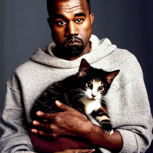 Prompt: Kanye West holding a kitten for a 1990s sitcom tv show, Studio Photograph, portrait C 12.0