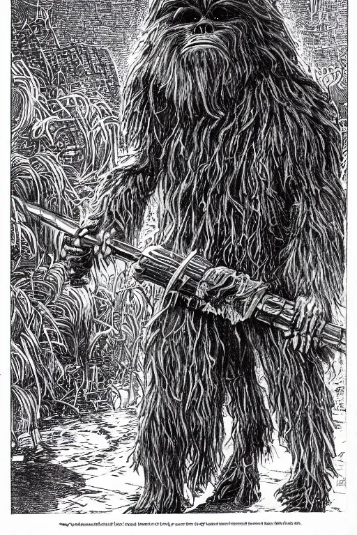 Image similar to a wookie as a D&D monster, pen-and-ink illustration, etching, by Russ Nicholson, DAvid A Trampier, larry elmore, 1981, HQ scan, intricate details, high contrast