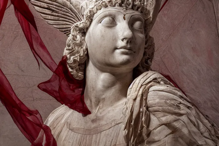 Prompt: a cinematic view of a ornated holy marble sphinx statue using an old red silk veil made by hedi xandt, chris haas and bernini, realistic, macabre art, detailed image, photorealistic, volummetric light