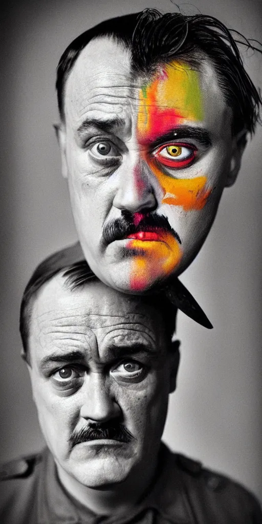 Prompt: award winning photo of mike patton mixed with hitler, vivid colors, happy, symmetrical face, beautiful eyes, studio lighting, wide shot art by roger ballen & francis bacon