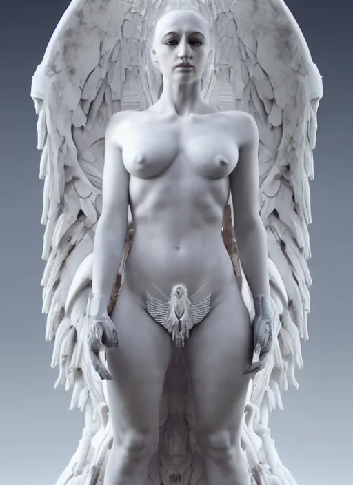 Image similar to a statue made of white marble covered in blood, of an gorgeous futuristic cybernetic angel girl, prostheses, transhumanism, full body shot, perfect symmetrical body, perfect symmetrical face, hyper realistic, hyper detailed, by johannen voss, by peter kemp, by monia merlo, by michelangelo, octane render, blender, 8 k