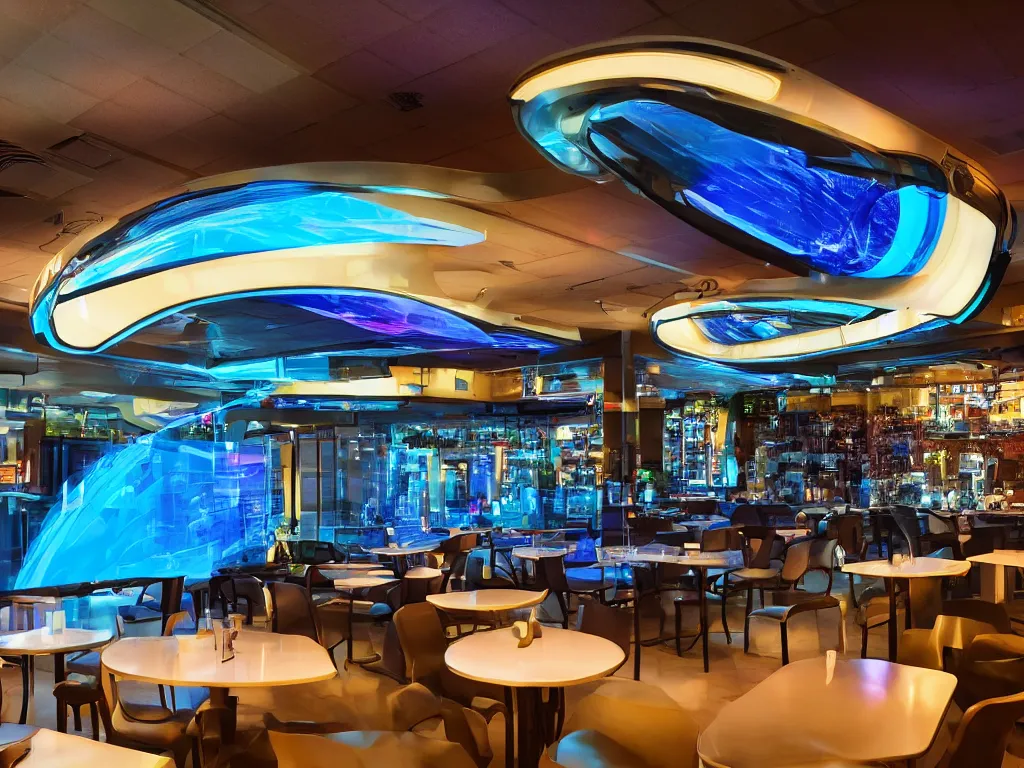Prompt: visor with curved translucent visors projecting detailed sci - fi art, pixel perfect photograph, high contrast, volumetric lighting, thin glowing lights, restaurant, chairs, users, pair of keys