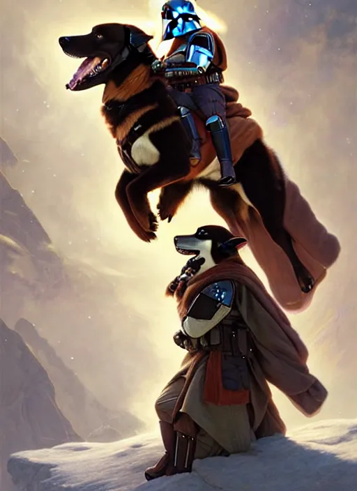 Image similar to mandalorian riding a bernese montain dog, realistic, star wars, beautiful glowing lights, sci - fi, stunning, intricate, elegant. highly detailed, digital painting. artstation. smooth. sharp focus. illustration. art by artgerm and greg rutkowski and alphonse mucha