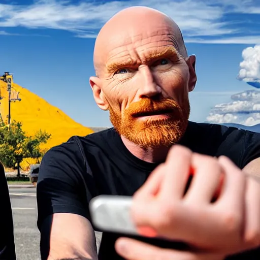 Image similar to A still of Jerma taking a selfie with Bald Bryan Cranston with a goatee in Albuquerque, New Mexico with a yellow filter, real life, hyperrealistic, ultra realistic, realistic, highly detailed, epic, HD quality, 8k resolution, body and headshot, Trending on Artstation, very realistic