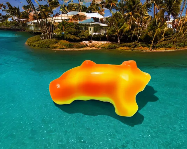 Prompt: a giant sculpture of a giant gummy bear on the ocean water, side shot, award winning, hyper - realistic, very detailed, realistic water, water splashes, ray tracing, 8 k resolution, long - shot, sharp focus, low angle, 8 5 mm photograph, wide lens