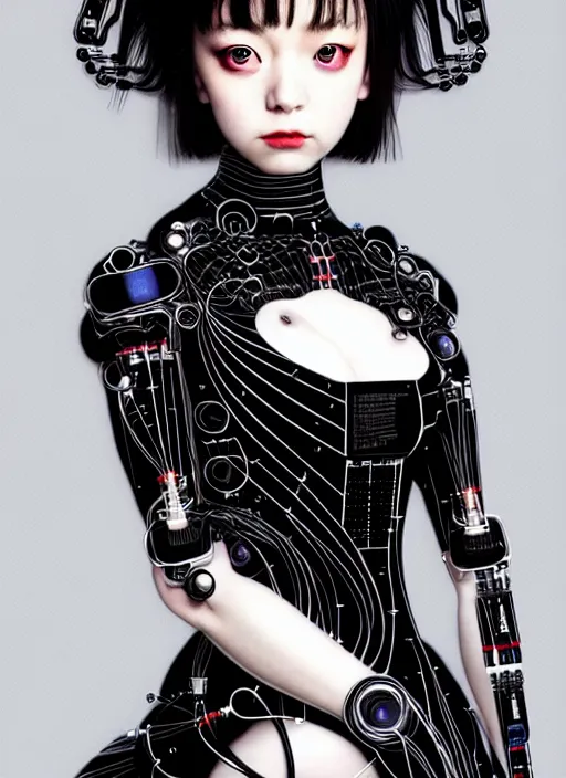 Image similar to kanna hashimoto as a absurdly beautiful cyborg, wearing a black dress, graceful, sophisticated, complex wiring and circuits, tarot card, highly detailed, digital painting, intricate linework, porcelain skin, octane rendered, sharp focus, ultra realistic, 8 k, art by artgerm, kim jung gi