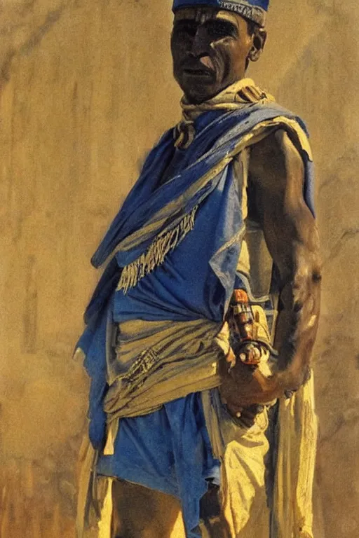 Prompt: a closer hero portrait of a live nubian temple guard with very piercing blue eyes, incredibly charismatic. in old egypt. masterpiece, dramatic light and shadow, saturated colors, ciaroscuro. painted by anders zorn