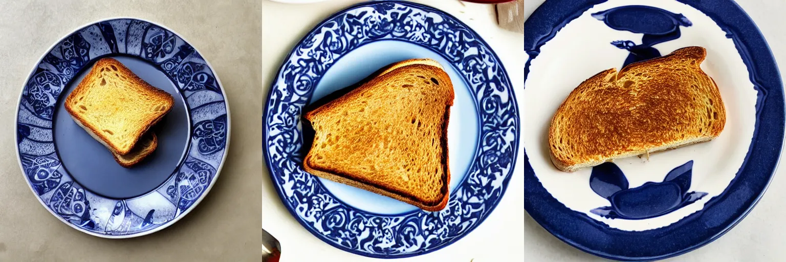 Prompt: piece of freshly baked sourdough toast with grilled swiss cheese on a beautiful porcelain plate with intricate dark blue ornaments