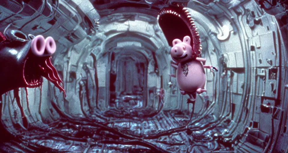 Image similar to peppa the pig infected by xenomorph from movie alien 1 9 7 9, staying at nostromo spaceship. extreme long shot, 4 k, cinestill, giger, hermann nitsch, dark colors