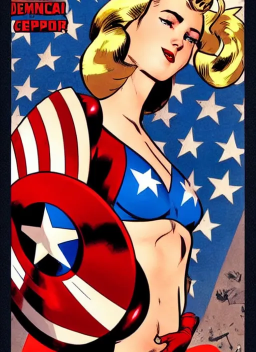 Image similar to sultry female captain america standing on a pile of defeated, beaten and broken ss soldiers. feminist captain america wins ww 2. american ww 2 propaganda poster by rob liefeld and pixar. gorgeous face. pin up. overwatch.