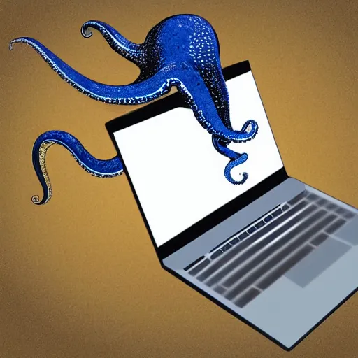 Image similar to Laptop computer being used by an octopus in the style of Emily Willoughby, paleoart