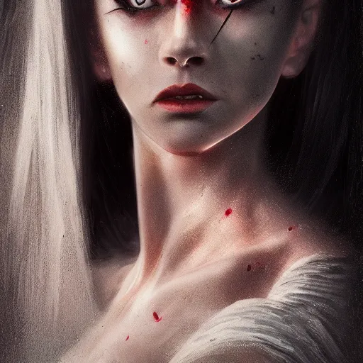 Prompt: portrait of a lady vampire, 35mm, depth of field, DOF, ominous, detailed, photorealistic, octane render, high definition, 4k, artstation, steve mccurry, Greg Rutkowski, matthew benedict, irwin penn