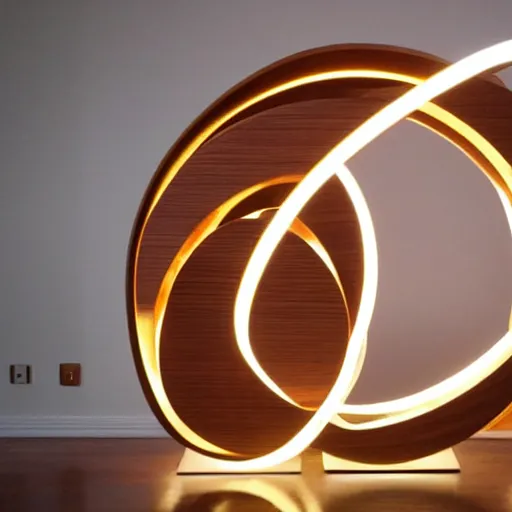 Image similar to circle shaped sculpture, curves, wood, colored lights, portal