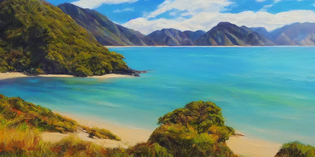 Image similar to golden bay new zealand, abel tasman, colorful oil painting, trending on artstation