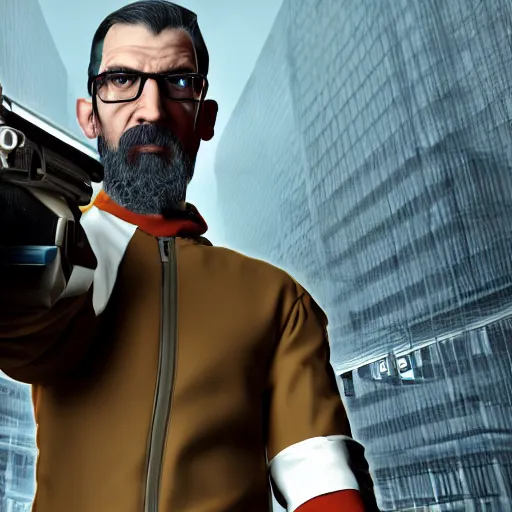 Gordon Freeman In A Suit And Glasses Holding A Gun, 